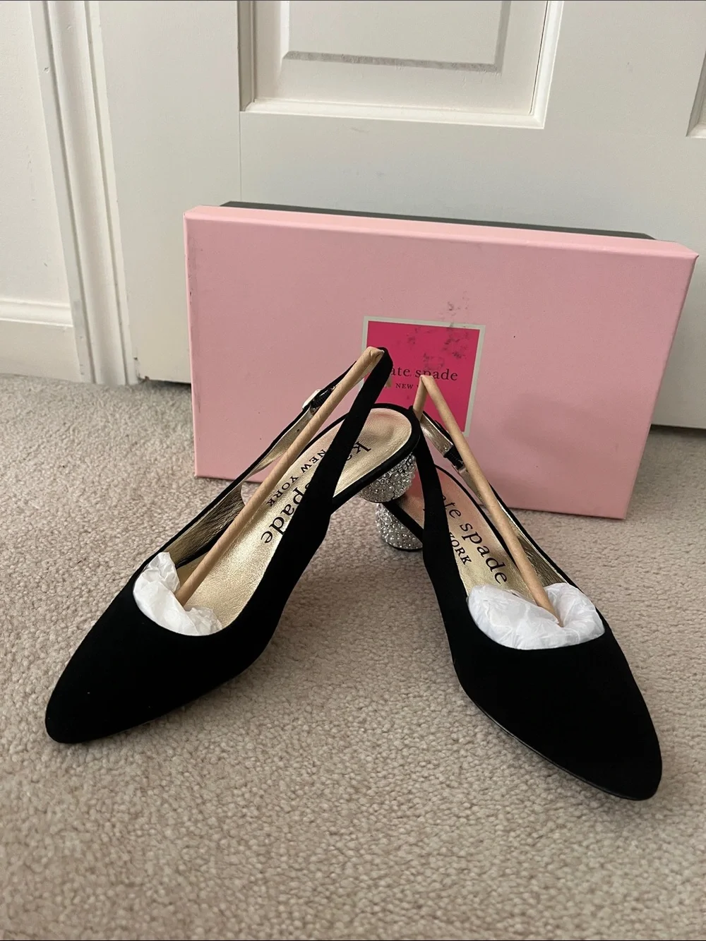 kate spade Black Suede Slingback Pumps with Crystal Heel